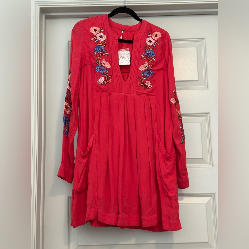 Free People Dark Pink Embroidered Floral Dress